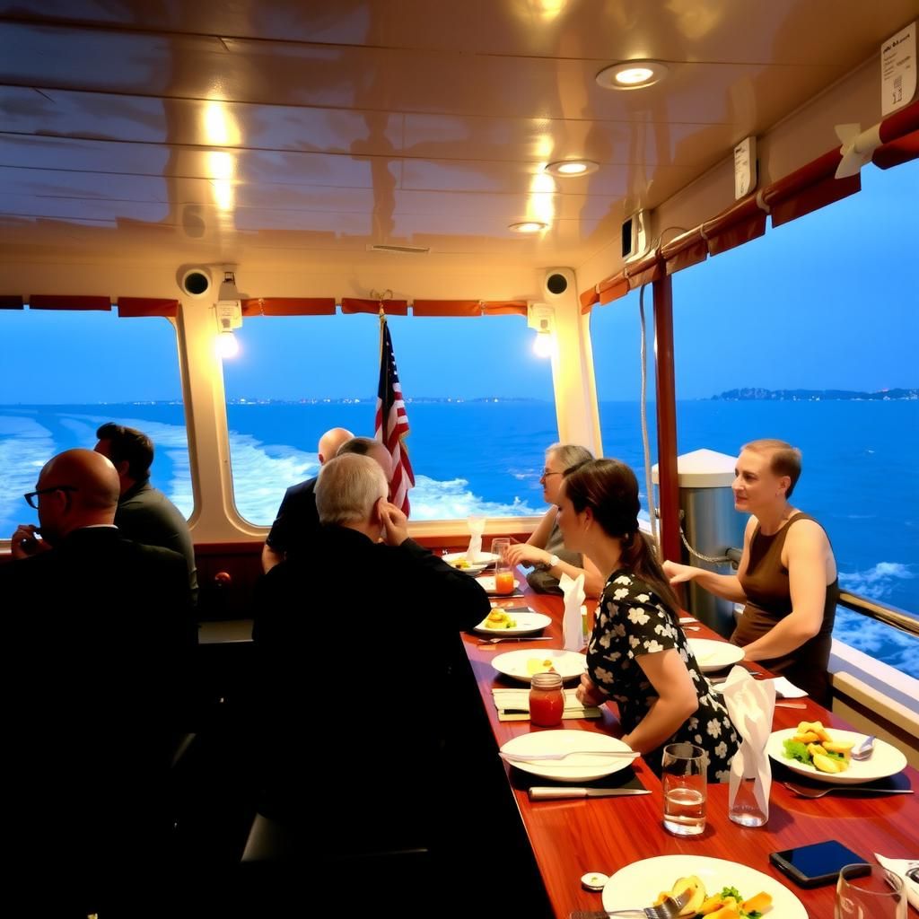 Group of people dining on a boat