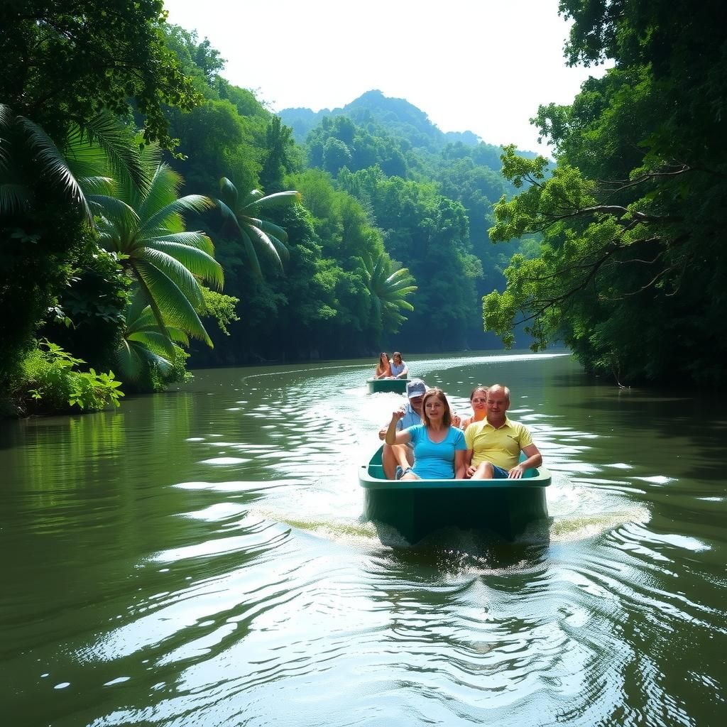 Tourists on a small boat in a river surrounded by greenery